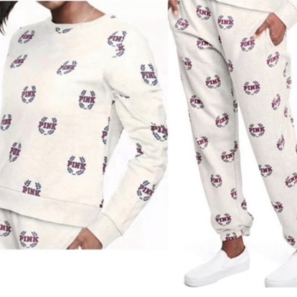 Victoria's Secret Pink Pullover Crest Logo + Matching Sweatpants Top M Bottom L - Picture 2 of 12